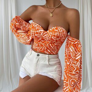 Boture Women's M Orange & White Cropped Bustier Top – Lace-Up Back